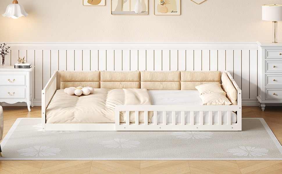 Full Size Upholstered Platform Bed with Guardrail & Pillow, Beige