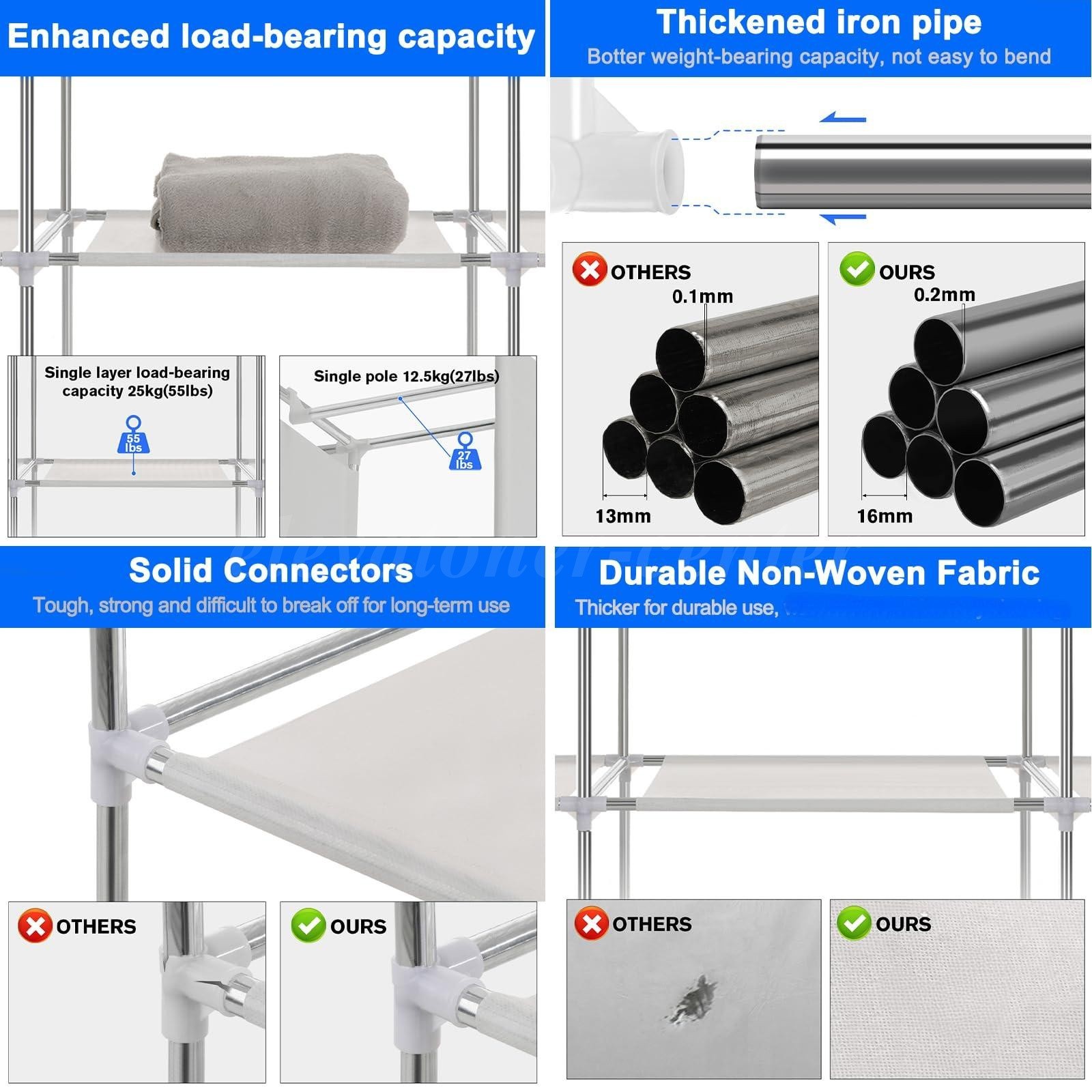 Heavy Duty Garment Rack Cover w/Shelves Clothes Racks Drying for Hanging Clothes