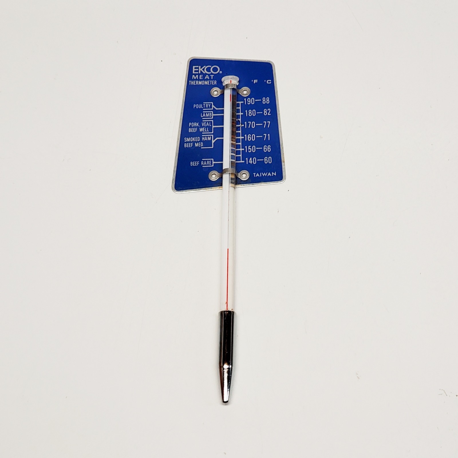 Vintage 90s Ekco Meat Thermometer Blue Aluminum & Glass Beef Roasts Pork Poultry