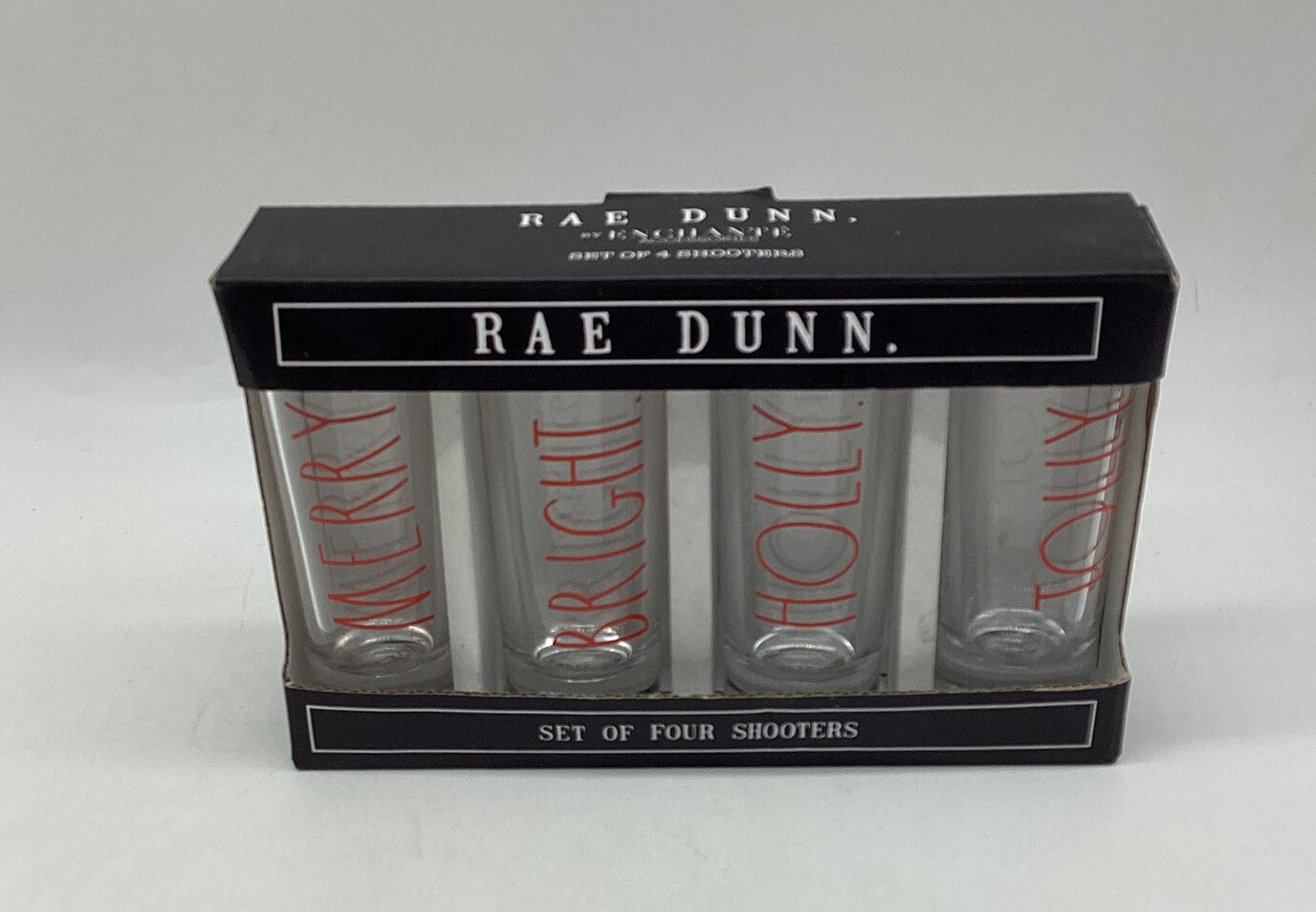 RAE DUNN Shooters Christmas Shot Glasses Set Of 4 MERRY BRIGHT HOLLY JOLLY NEW
