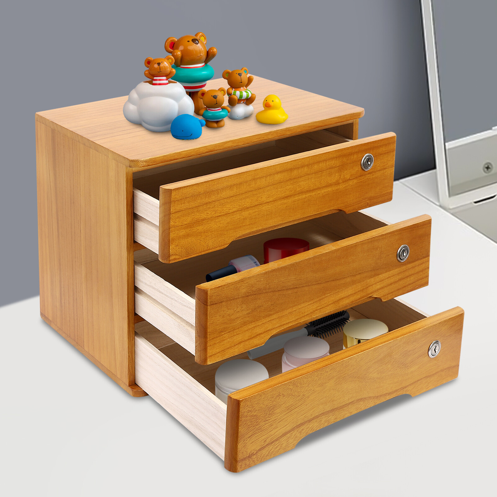 Wooden Desktop Storage Cabinet Desktop Storage Box with Lockable Drawers