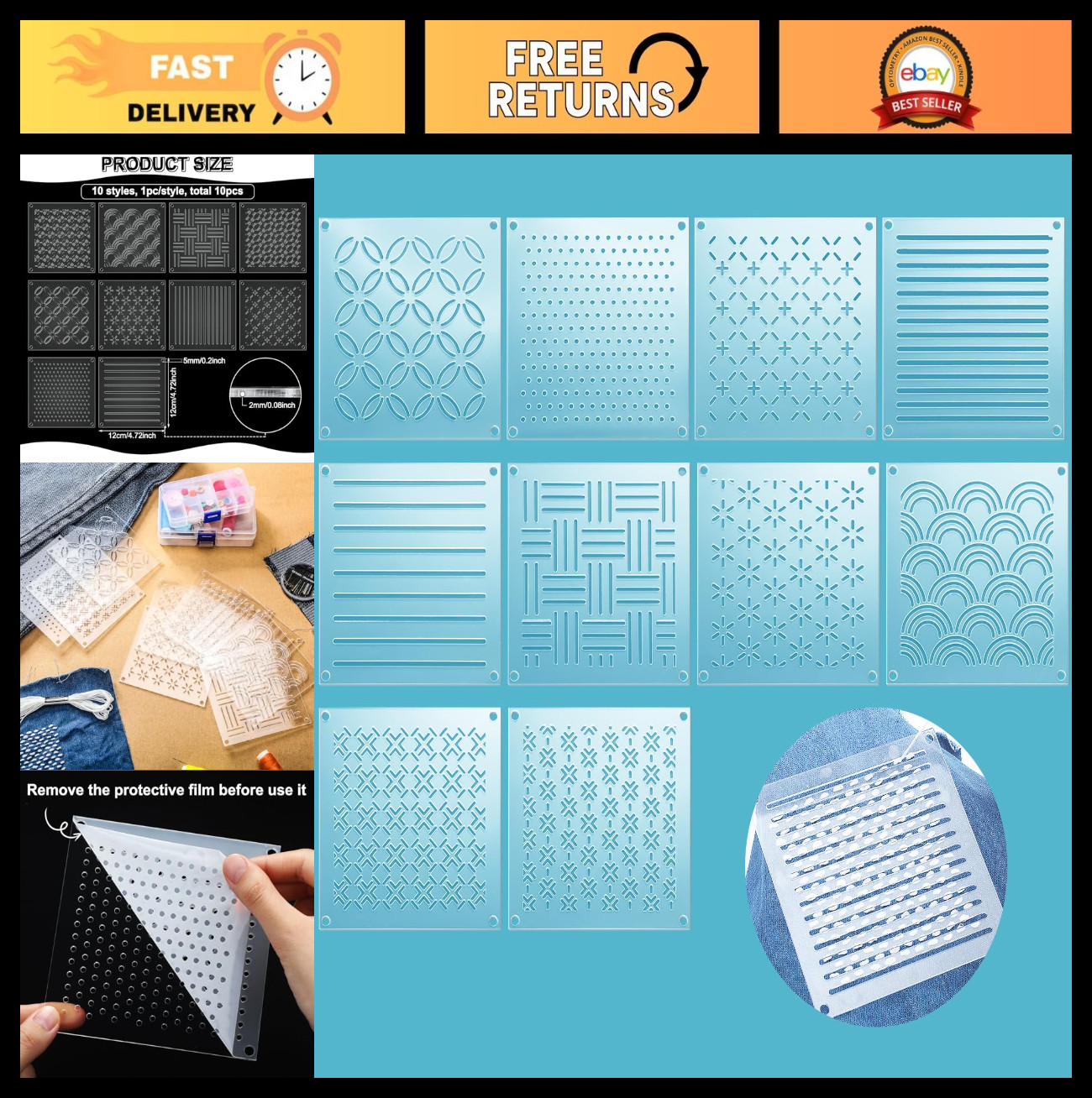 10 Sets Acrylic Sashiko Stencils - 4.7" Embroidery Tools for Quilting & Crafting
