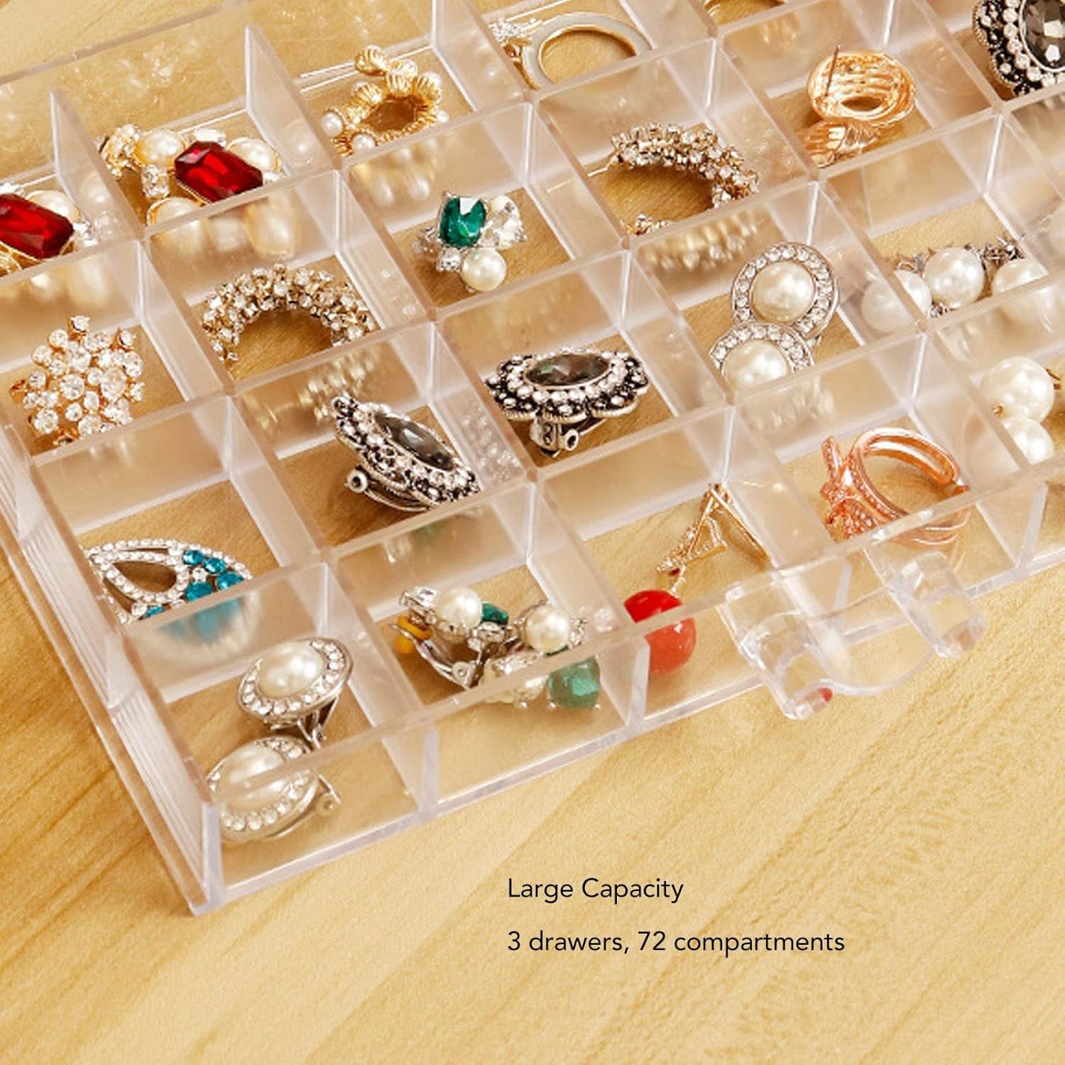 3-Layer Acrylic Jewelry Organizer Box - 72 Grids Clear Stackable White