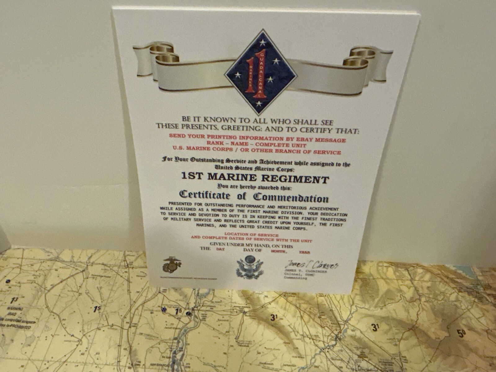 U.S. MARINE CORPS / 1ST MARINE REGIMENT (1 MARDIV) - CERTIFICATE OF COMMENDATION