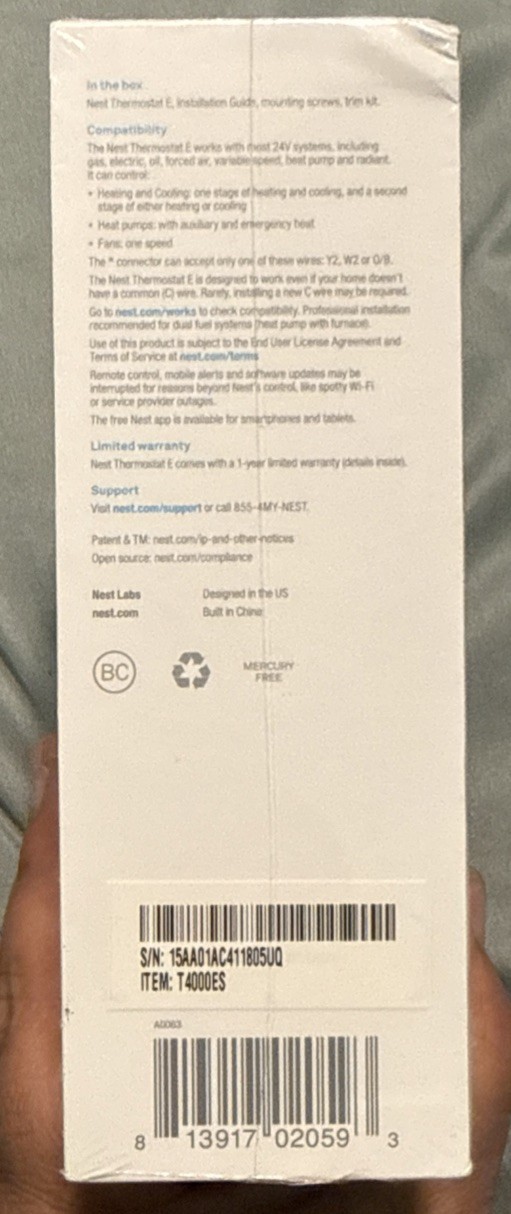 Nest Thermostat E T4000ES Programmable Thermostat White New Sealed