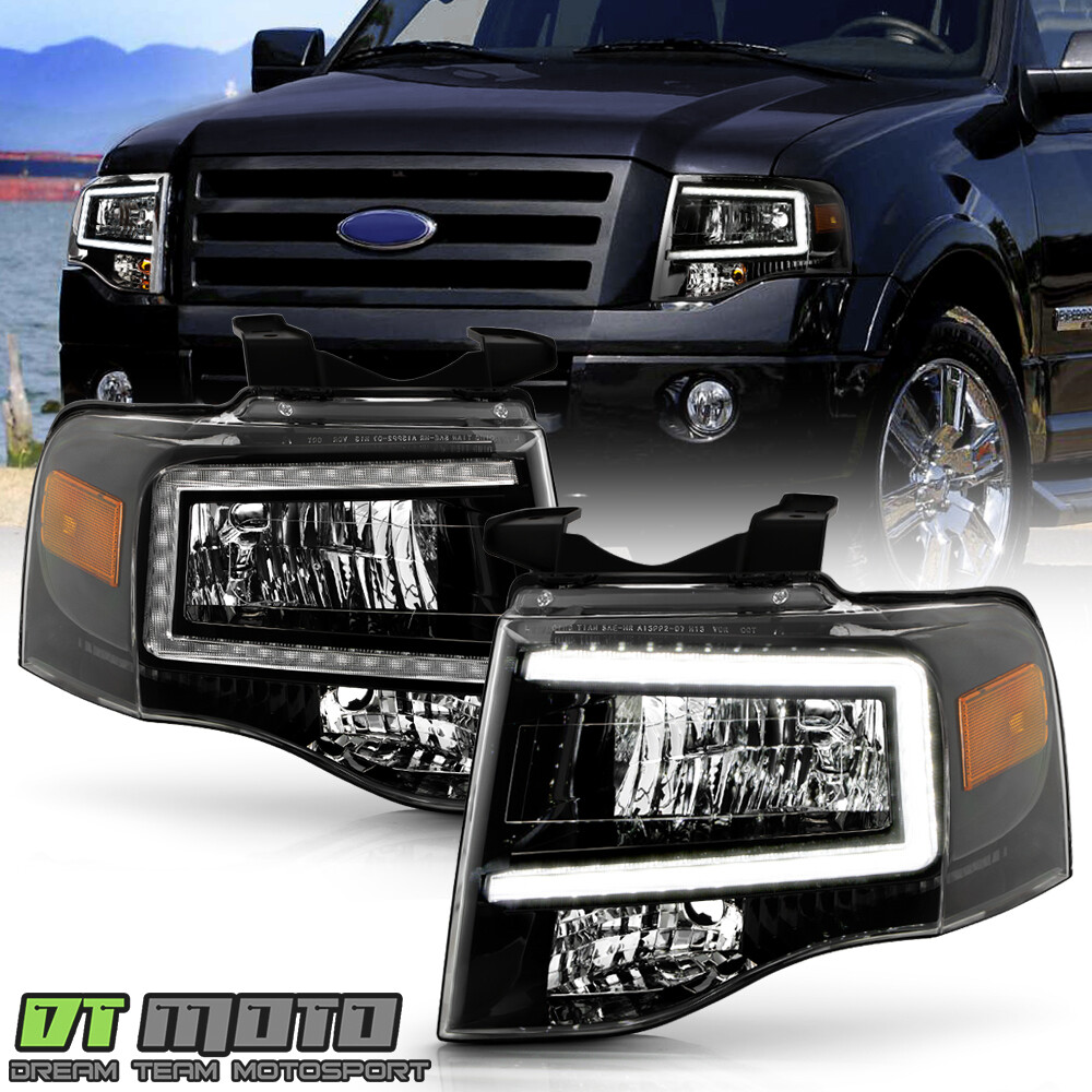 For 2007-2014 Ford Expedition Upgrade Black LED Tube Headlights Pair Left+Right