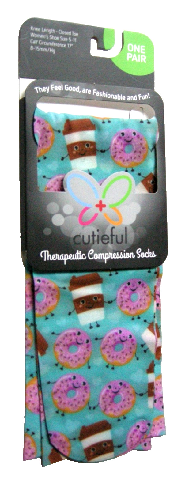 Compression Socks By Cutieful, Donuts & Coffee Design, 8-15mmHg Compression, New