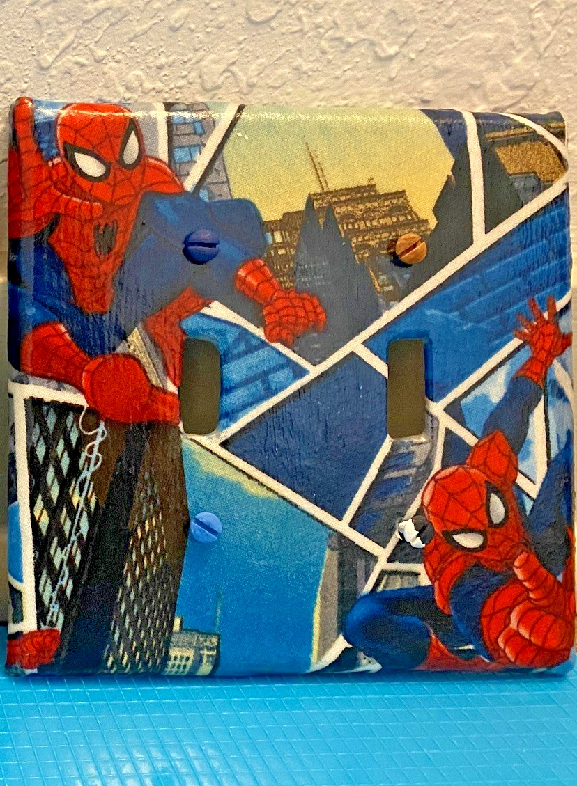 SPIDERMAN SWITCH PLATES AND OUTLET COVERS, HANDMADE WITH FABRIC, MIDWAY SIZE