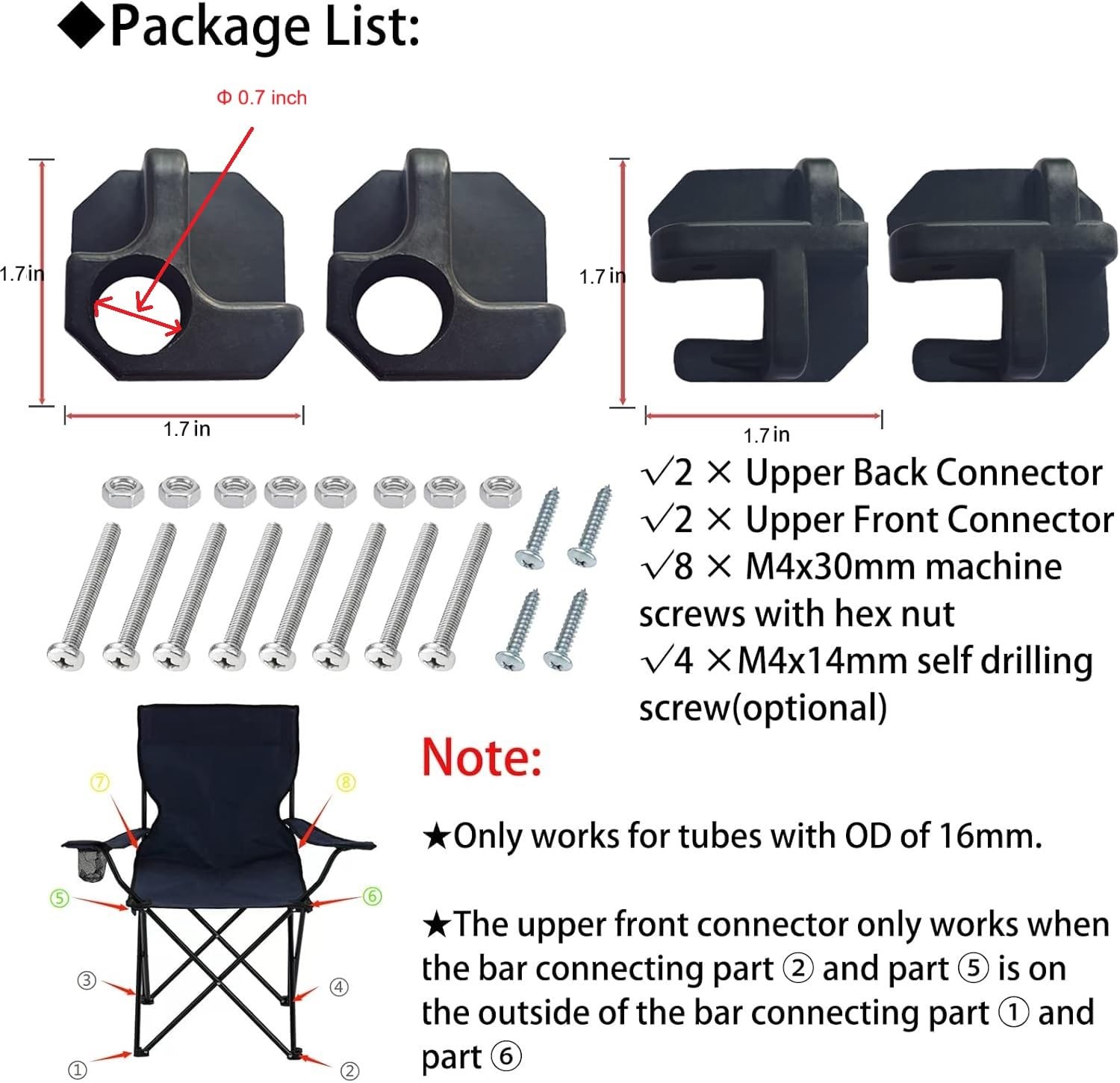 Camping Chair Repair Accessories, 2 Pack Upper Back and 2 Pack Upper Front At...