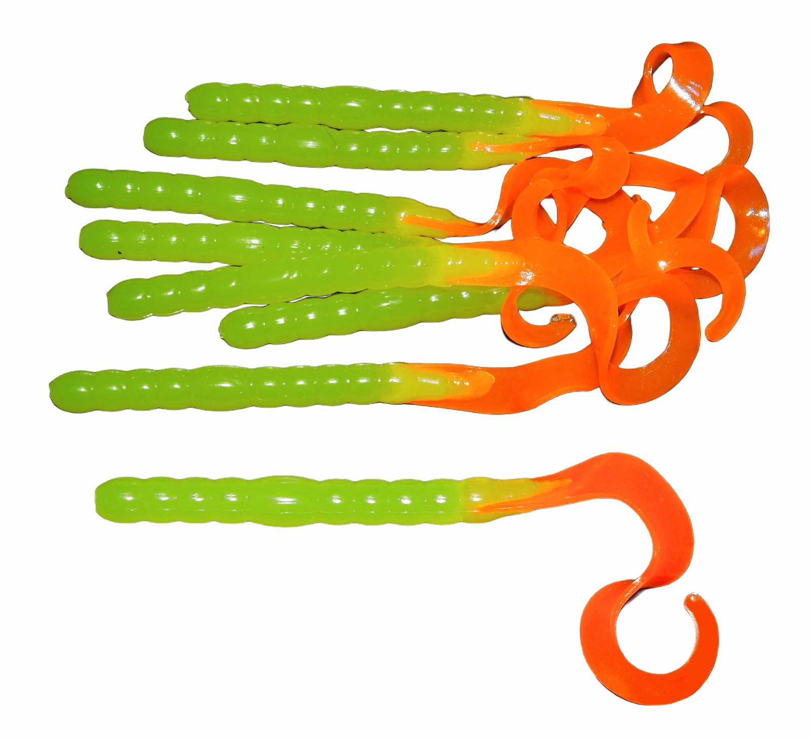 "NEW" Pack of (8)  7" Curly Tailed Worms (Chartreuse with Orange FireTails) Bass
