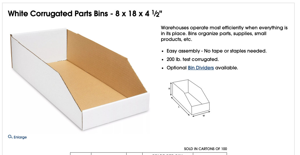 U-LINE S-1053  White Corrugated Parts Bins 8" 18" 4.5" *25/ BUNDLE ULINE