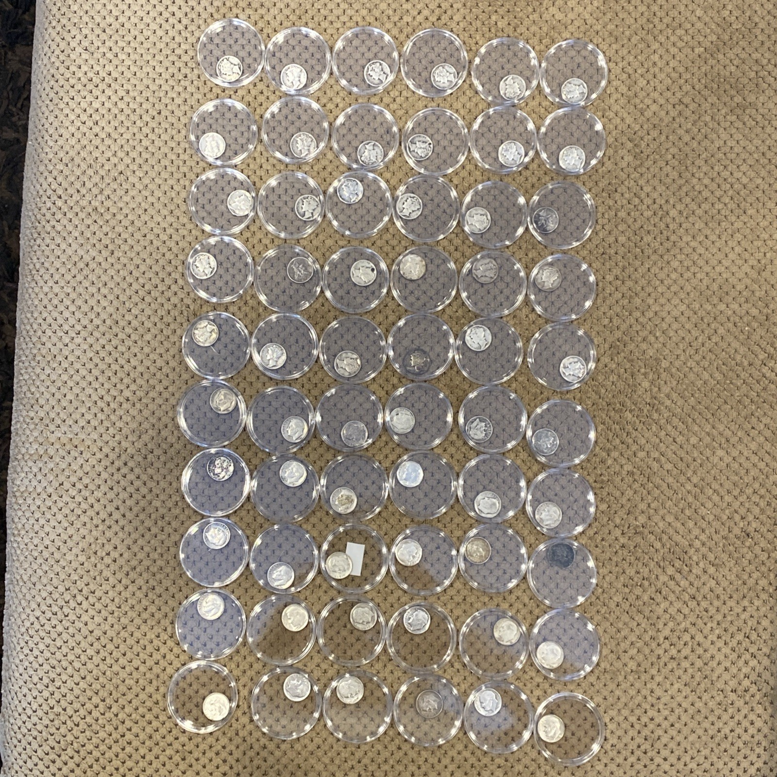 Lot Of 60 90% Silver Dimes In Capsules And Case-(30) Liberty And (30) Roosevelt