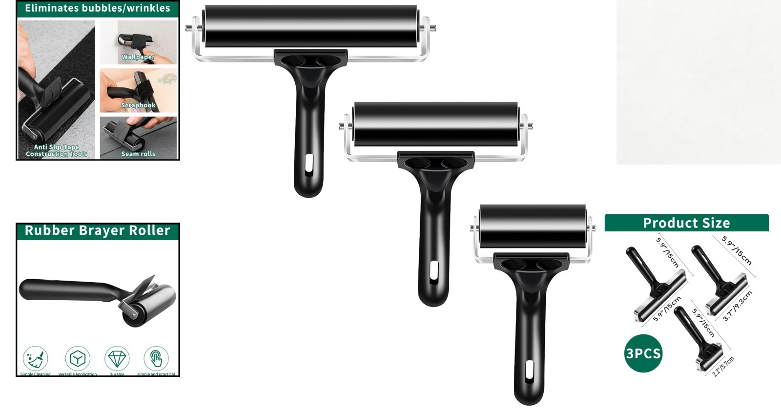 3-Pack Soft Rubber Brayer Rollers with Non-Slip Handles for Effortless Crafting