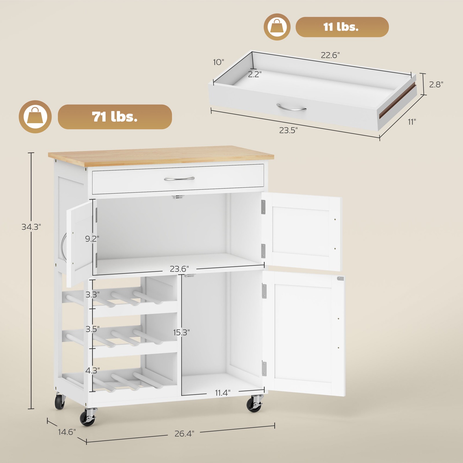 Bar Cart Rolling Kitchen Island on Wheels with Wine Rack