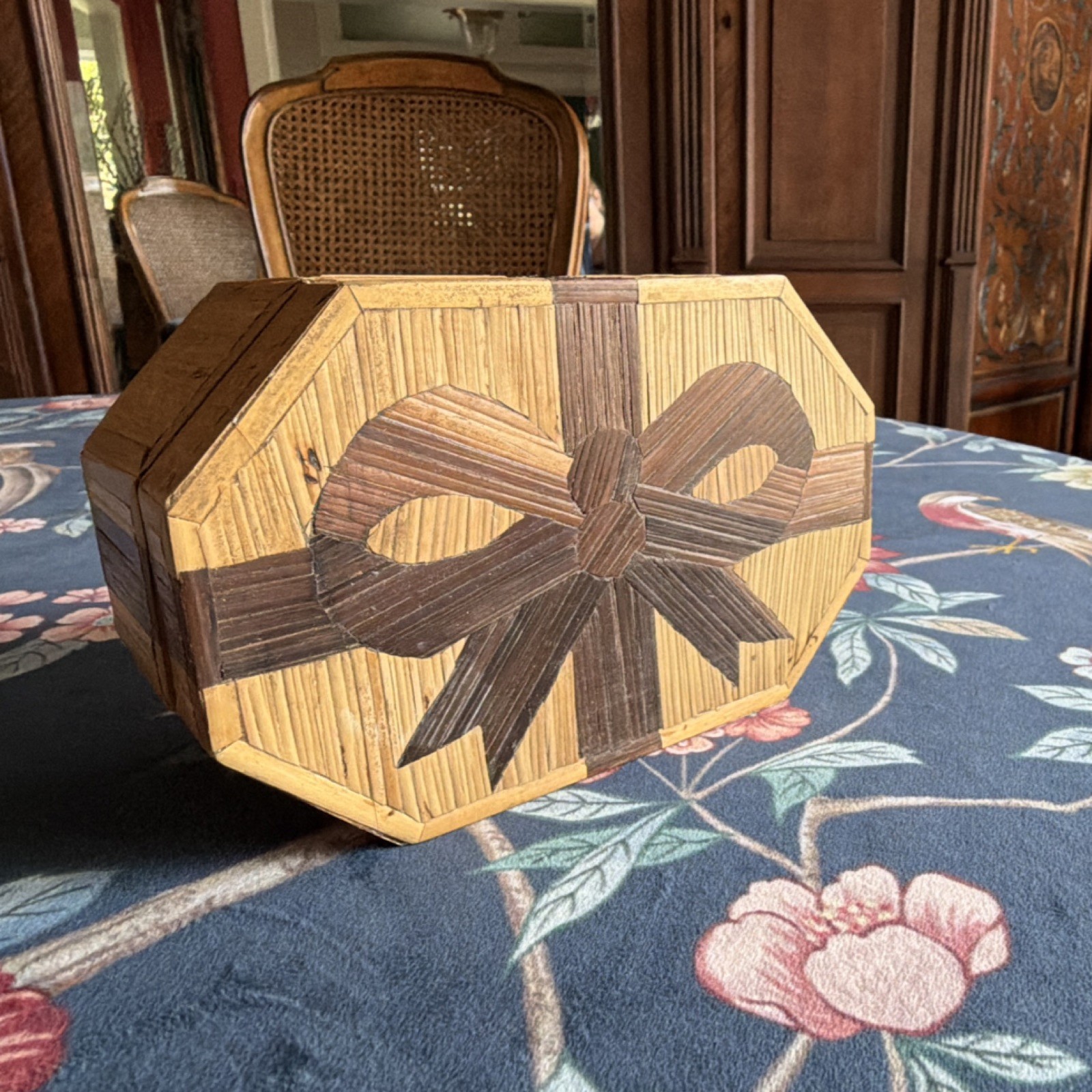 Octagonal Bamboo Trinket Box with Bow Carving, Natural Finish, 6.5" x 4" x 3”