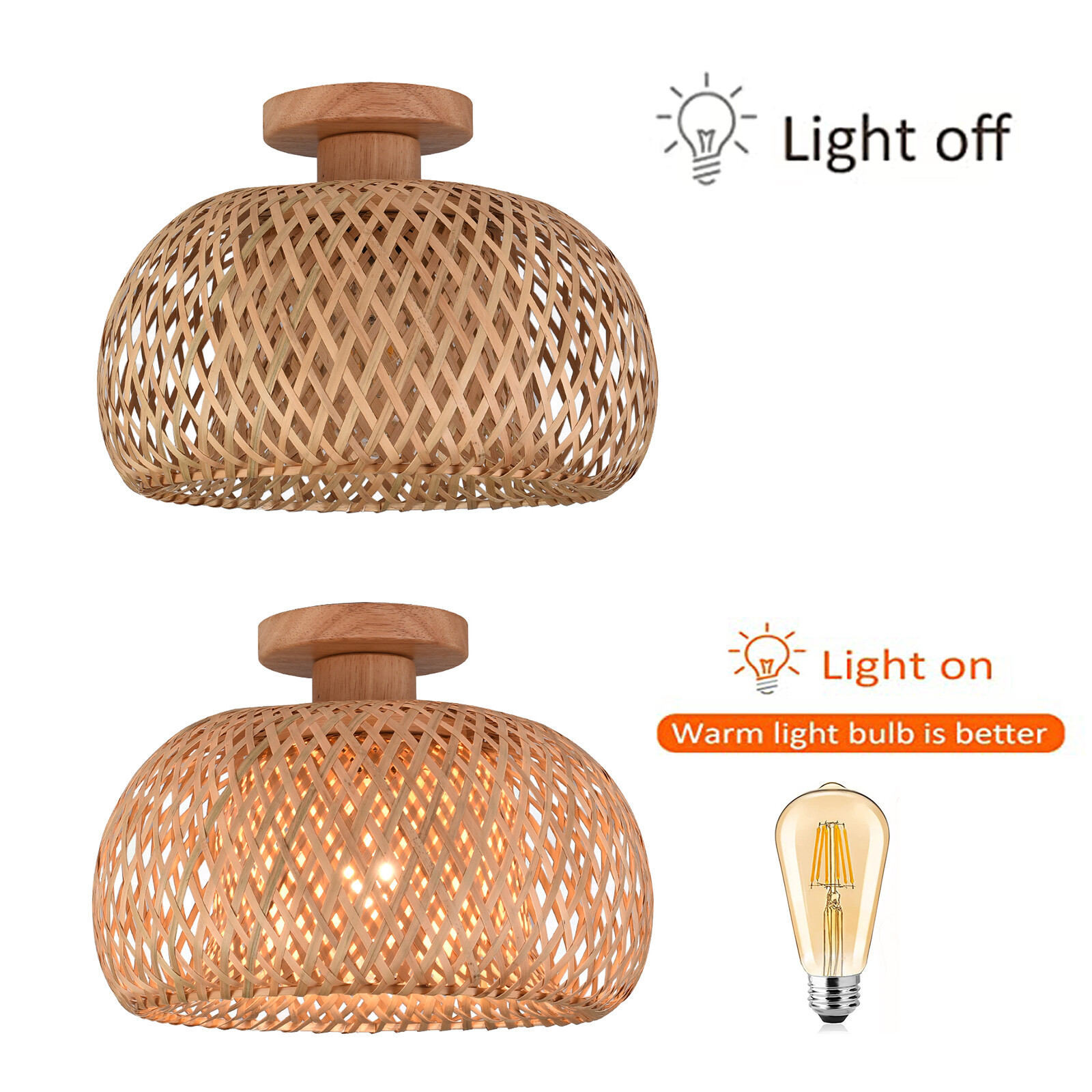 110V E26 Ceiling Light Semicircle Bamboo Pendant Light 60W Indoor Hanging Lamp