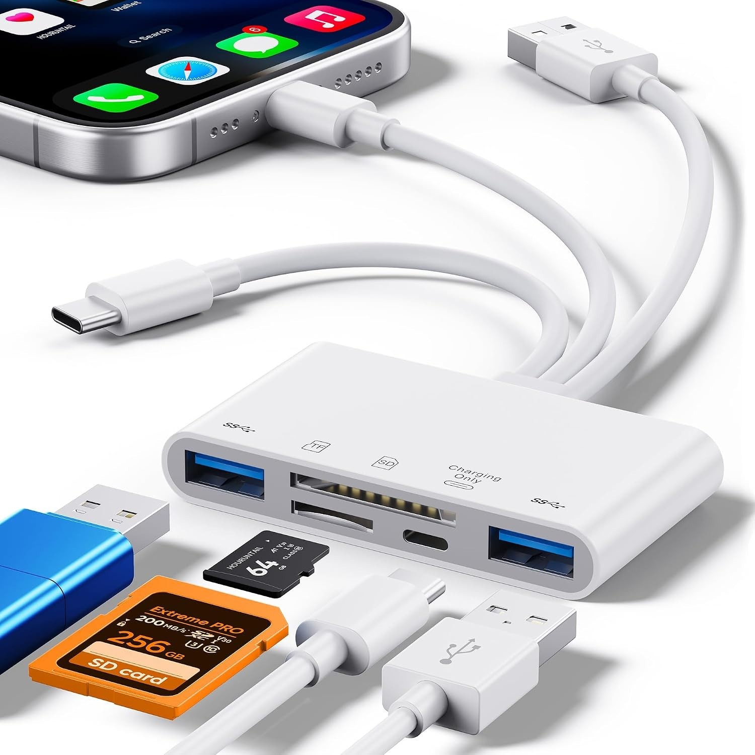 High-Speed 5-in-1 SD Card Reader for iPhone with Simultaneous Charging