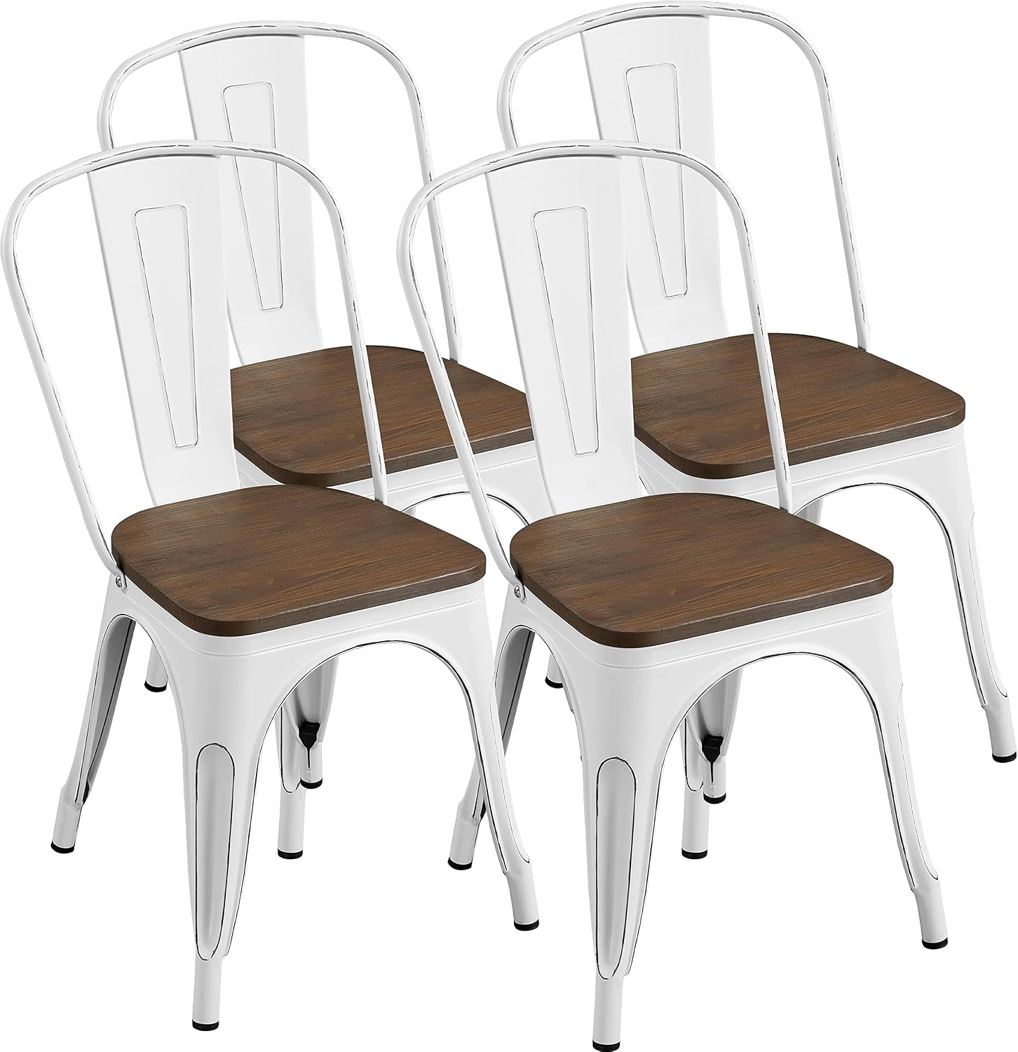 Metal Dining Chairs Set of 4 Industrial Stackable Kitchen Chairs W/Wood Top Seat