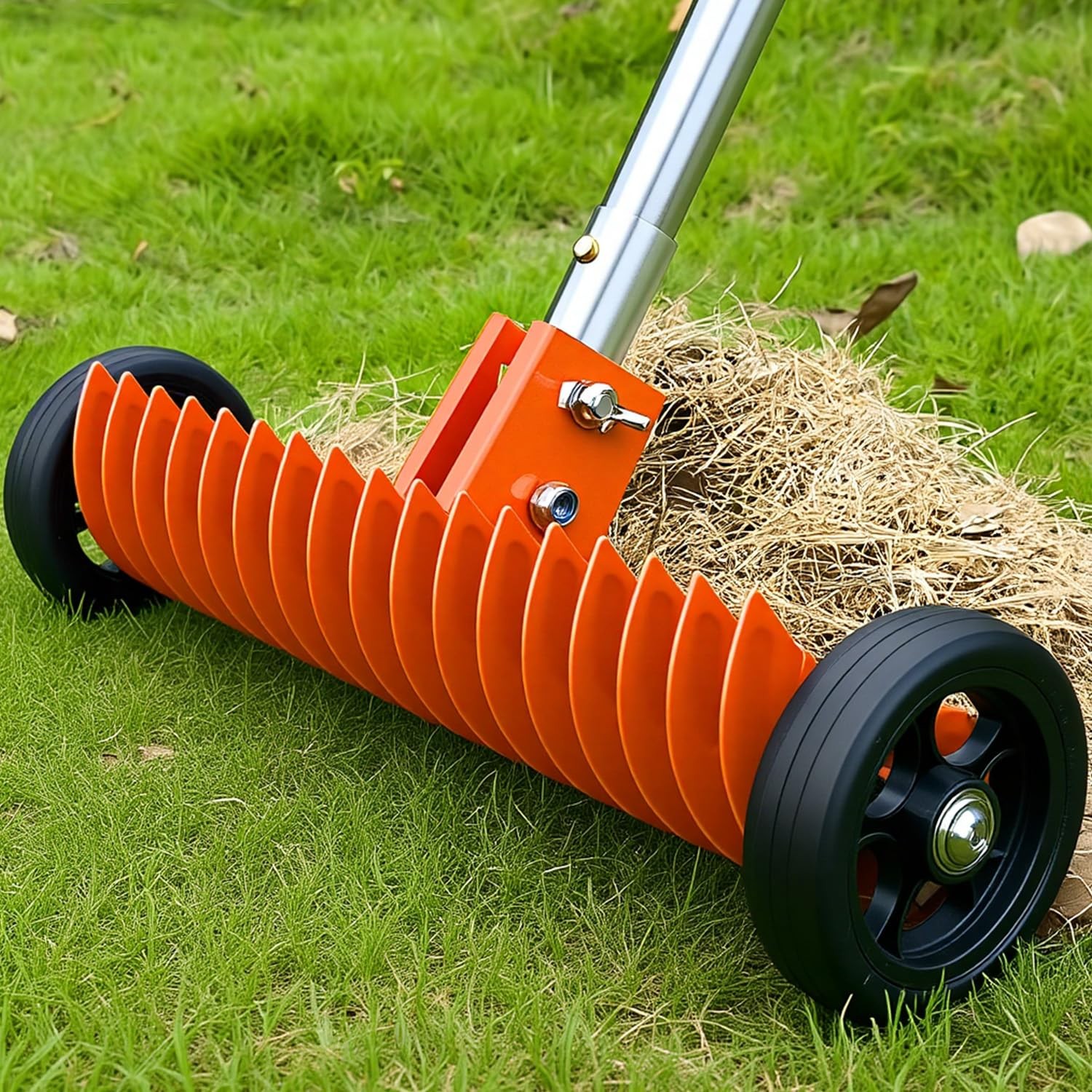 Thatch Rake for Lawn, 15-Inch Dethatcher with Rolls Efficient Steel Metal Rake