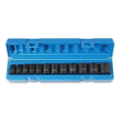 Socket Set, 3/8 in Drive, SAE, 12-point, 5/16 in to 1 in, 12-Pc STD Length Grey