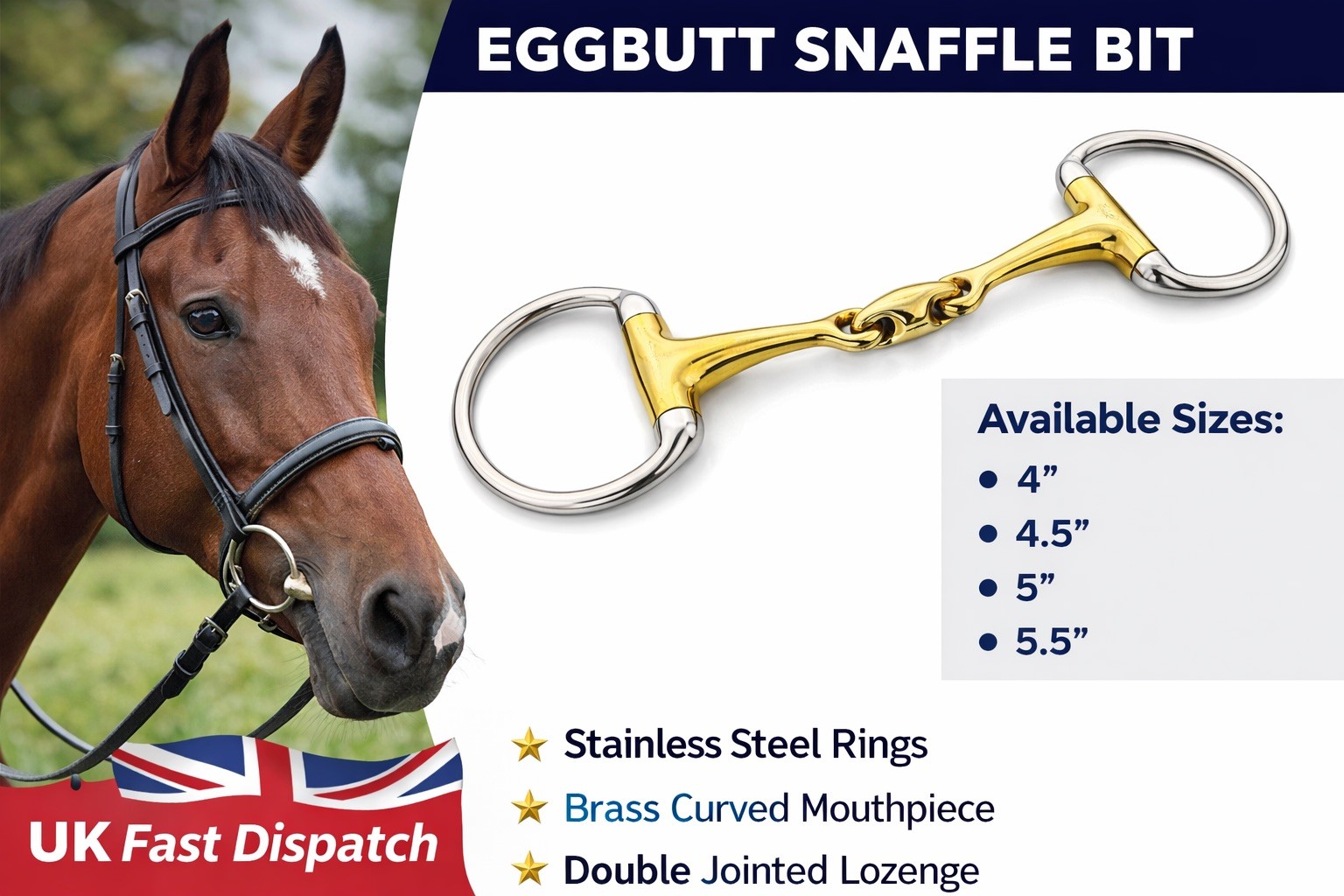 D Ring Eggbutt Horse Bit Curved Lozenge Mouthpiece Stainless Steel