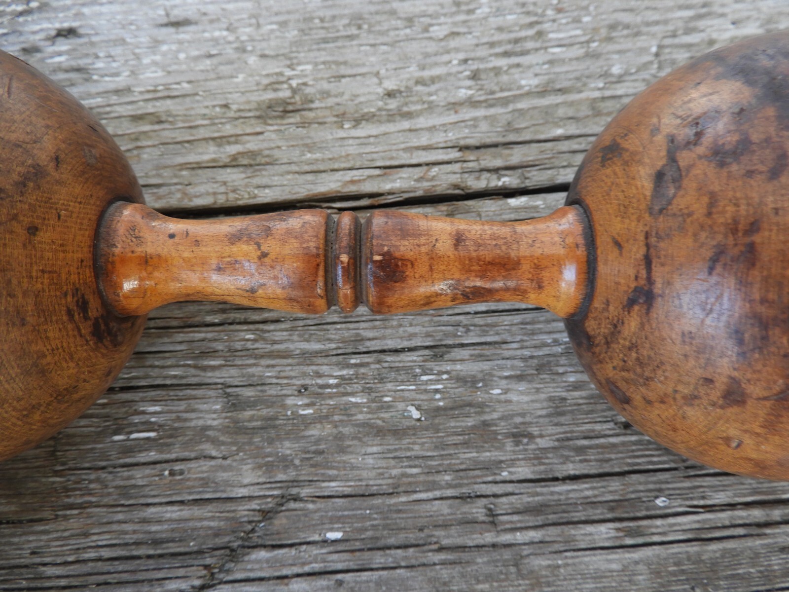 Vtg Primitive Wooden Dumbbell Set
