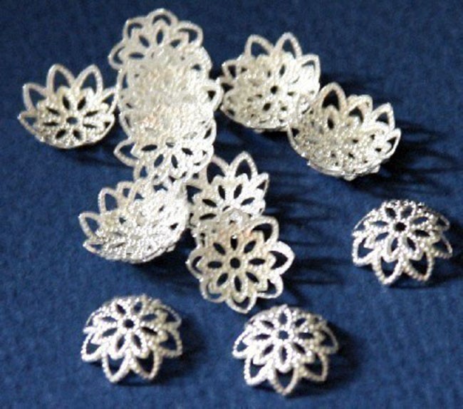 100 Silver plated filigree bead caps 12mm