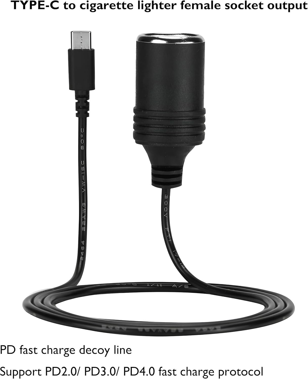 12V USB-C Car Cigarette Adapter - 65W PD Power Cable