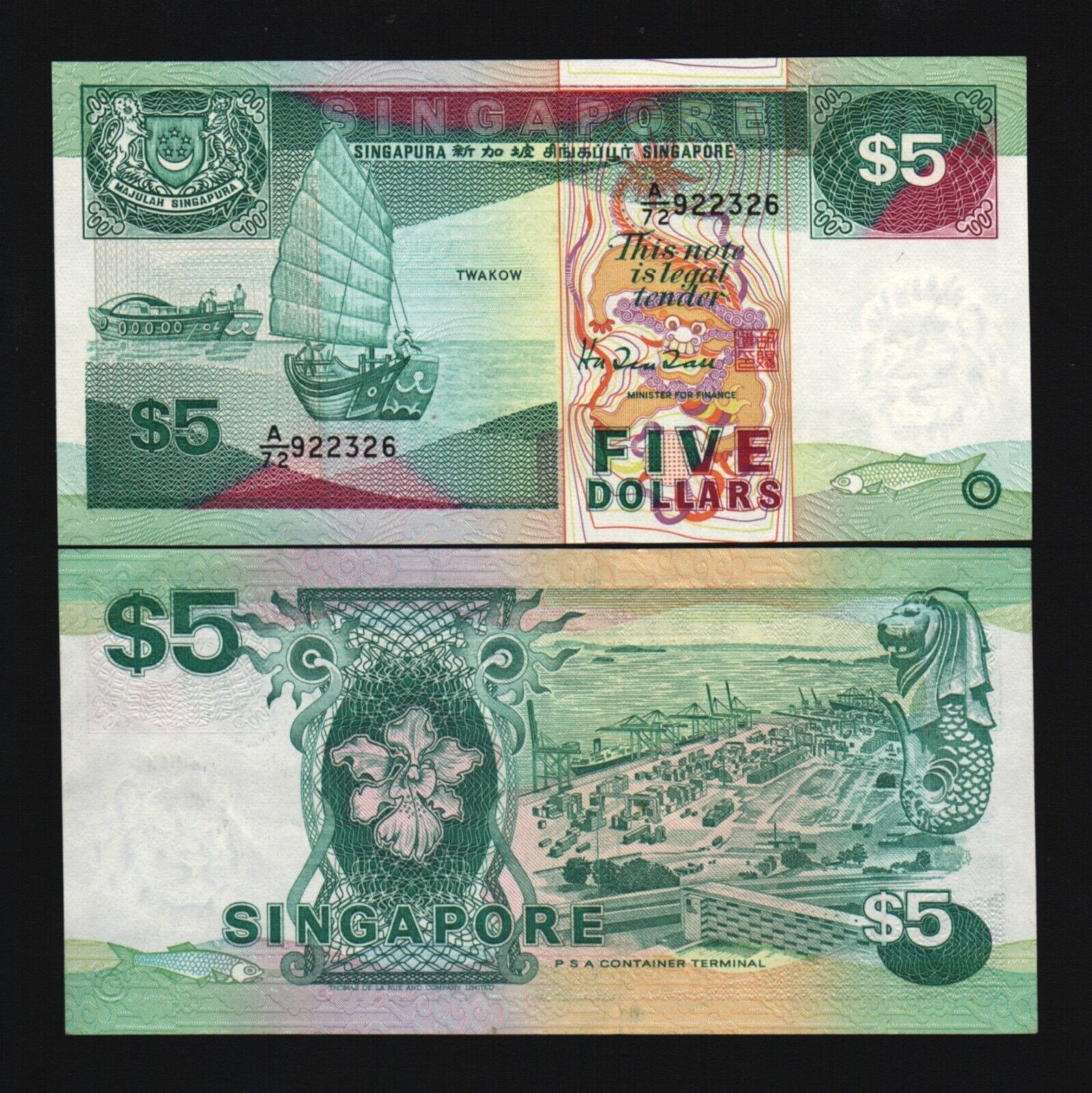 Singapore 5 DOLLARS P-19 1989 SHIP Series UNC Singaporean Merlion Junk Boat NOTE