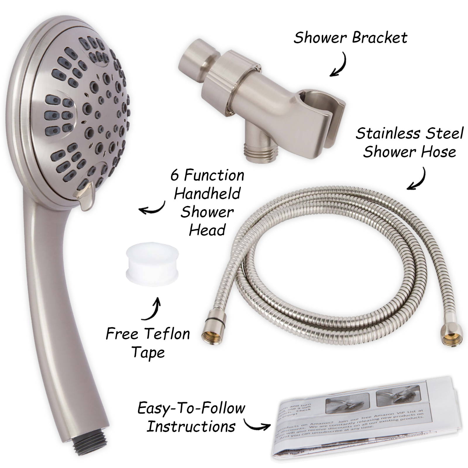 6 Function Handheld Shower Head Kit (Aqua Elegante) - Brushed Nickel - 2.5 GPM