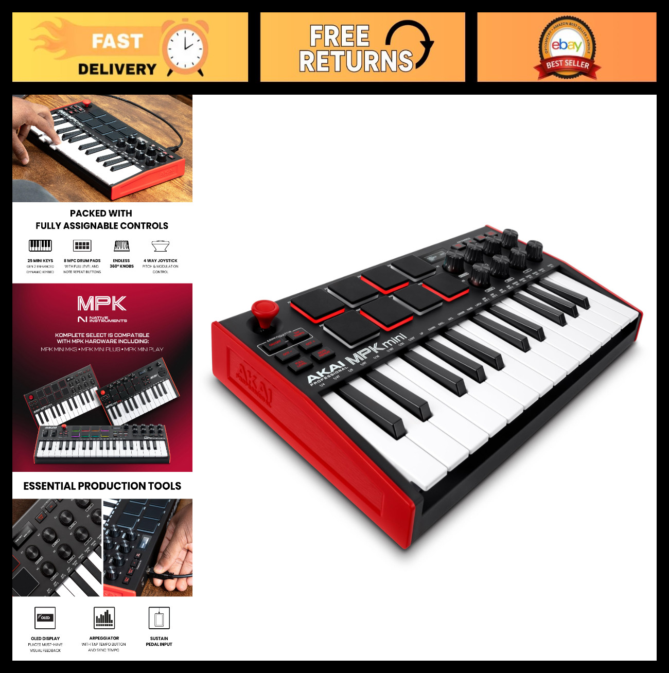 25-Key USB MIDI Keyboard Controller | Velocity-Sensitive Keys, 8 MPC Pads, 8 Kno