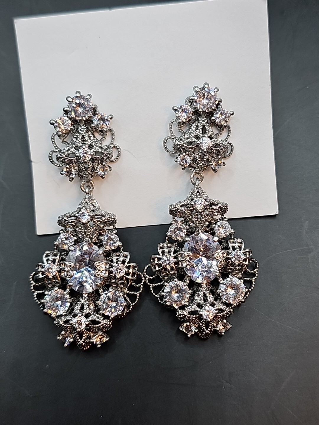Deco Silvertone Clear Rhinestone Post Chandelier Earrings Prom Bridal Holiday