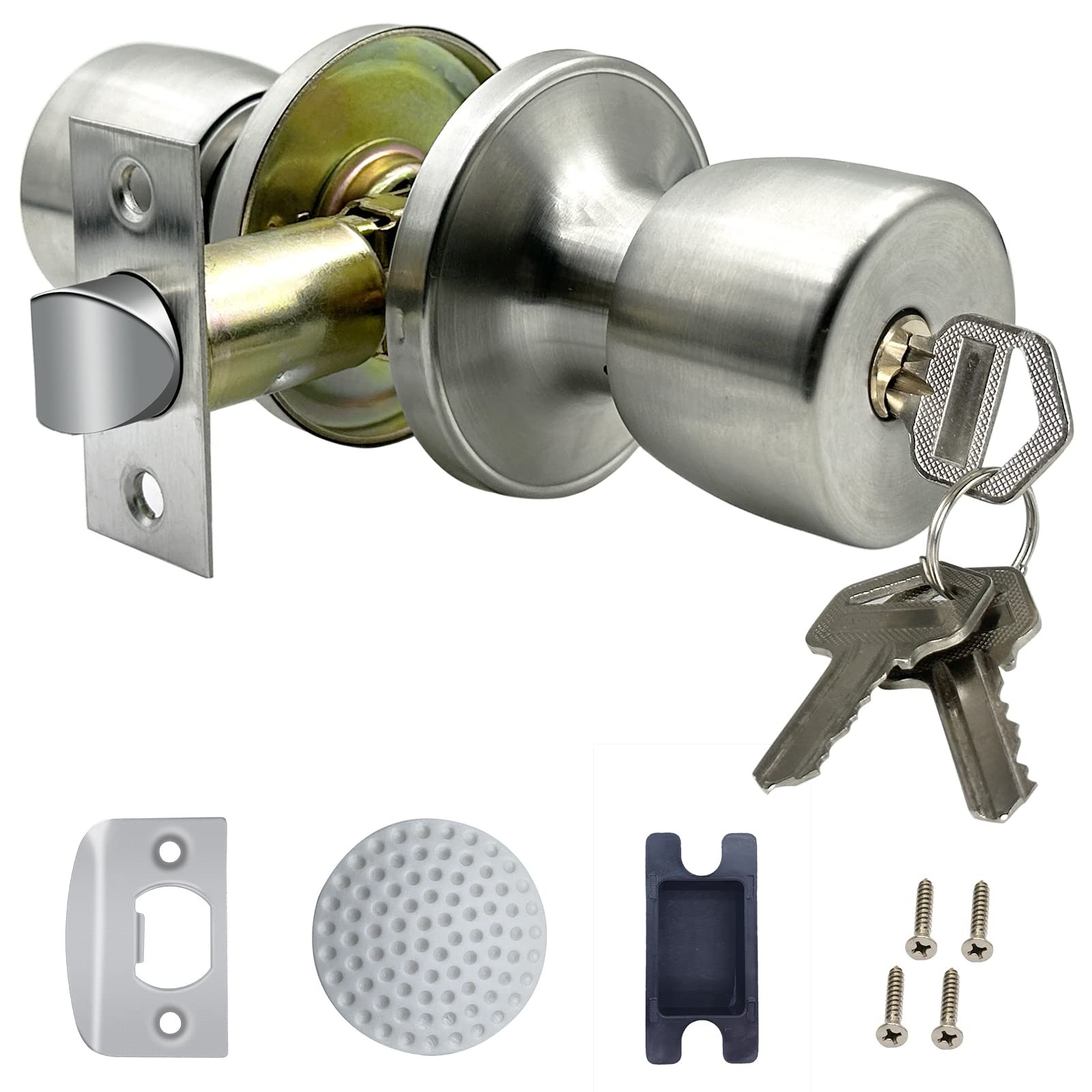 DSJJBLL Satin Nickel Door Knob with Lock and Key 1 Piece, Stainless ET1