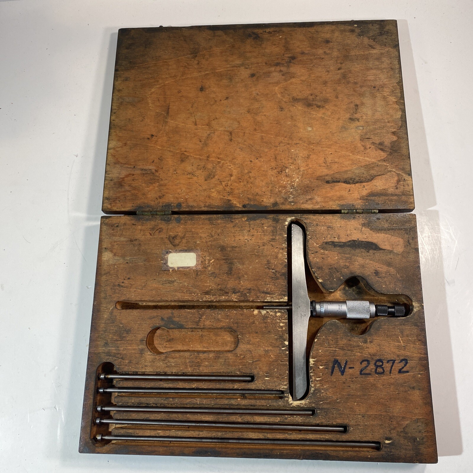 Vintage Starrett No. 445 Depth Micrometer Gauge w/ Wooden Storage Box Case (D)