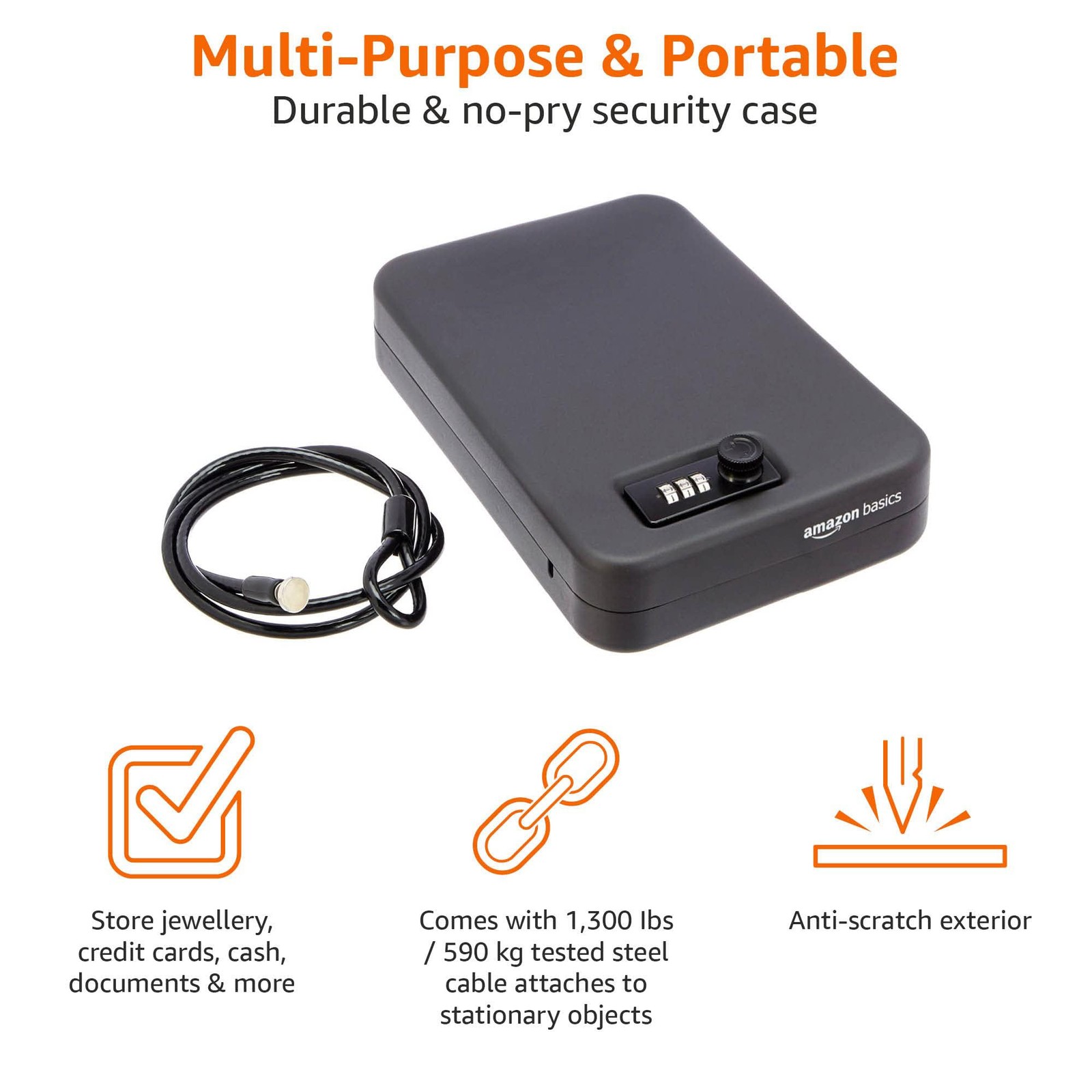 Amazon Basics Portable Security Case Lock Box Safe with Large, Black