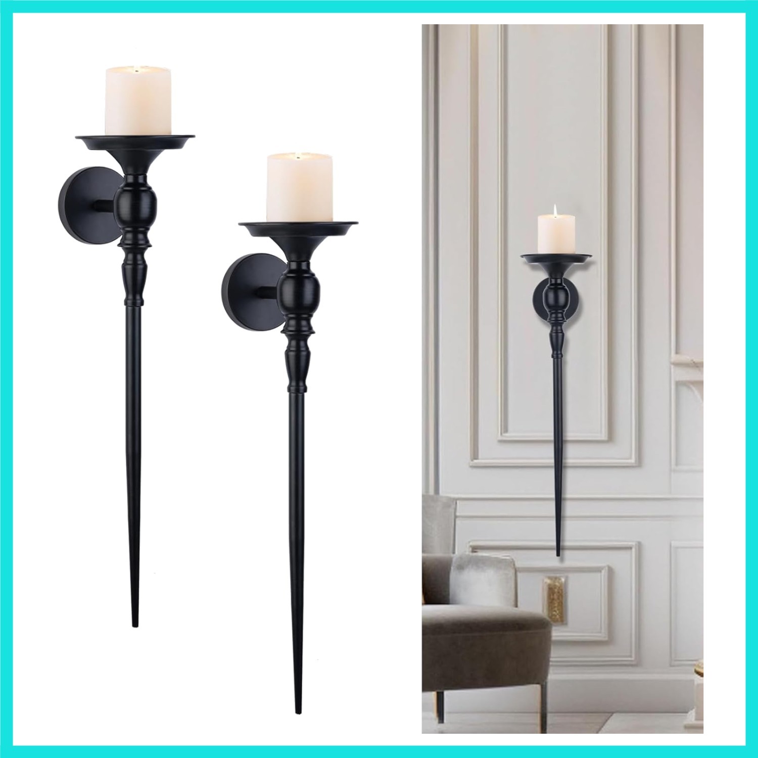 Wall Sconce Candle Holder Set of 2, Large Black Scepter Design Metal Wall Can...