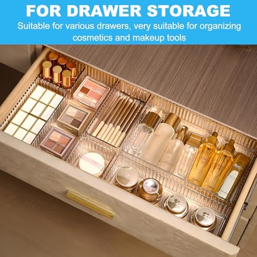7PCS Clear Drawer Organizers Bins, 4 Size Stackable Makeup Drawer 7 Pack