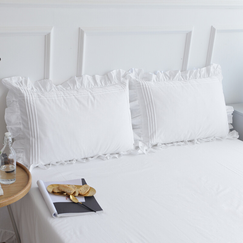 100% Cotton Pillowcases White Striped Frilly Pillow Case Only Cover Bedding 2PCS