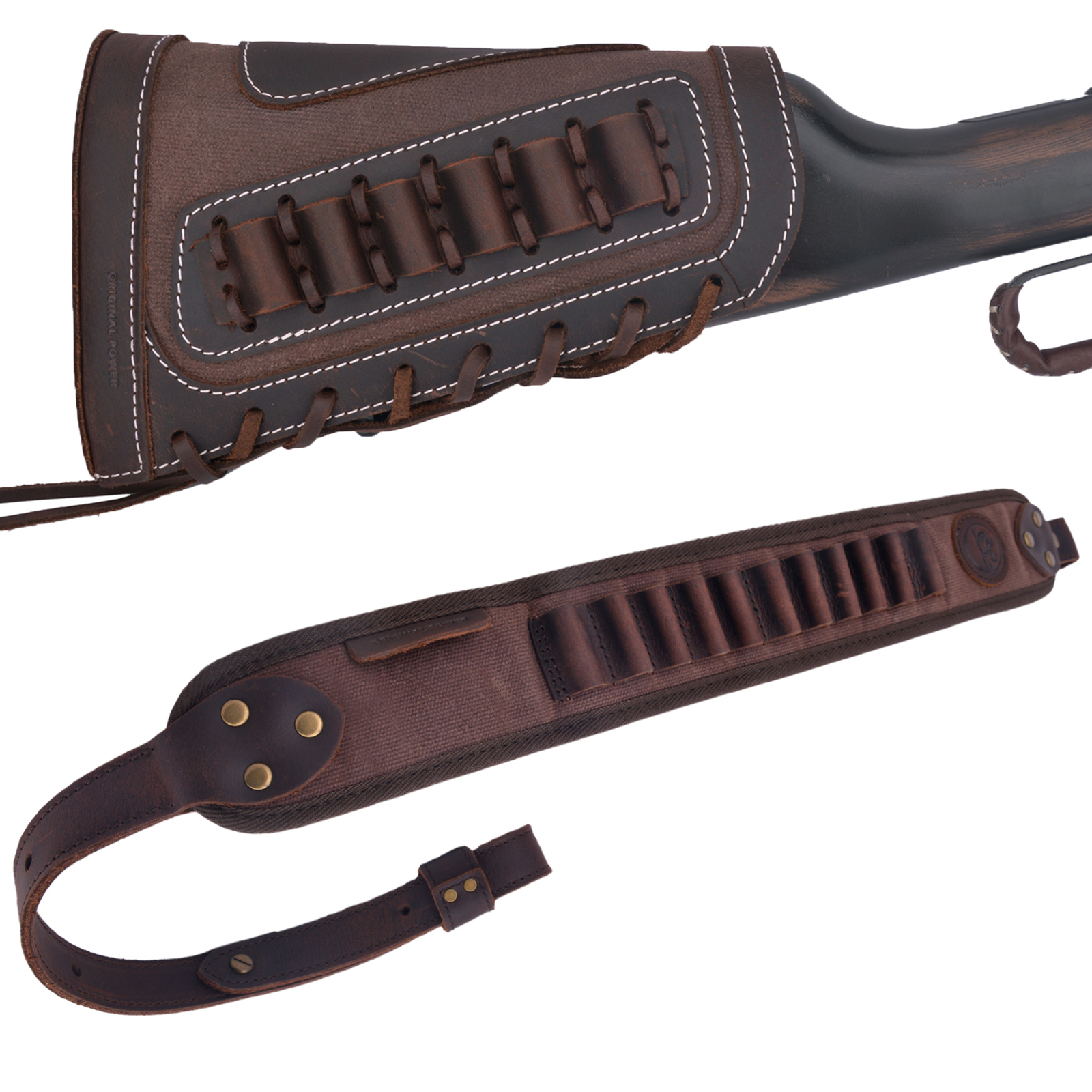 USA Suit Rifle Buttstock Holder .308 .45/70 .44 410GA with Rifle Sling Strap