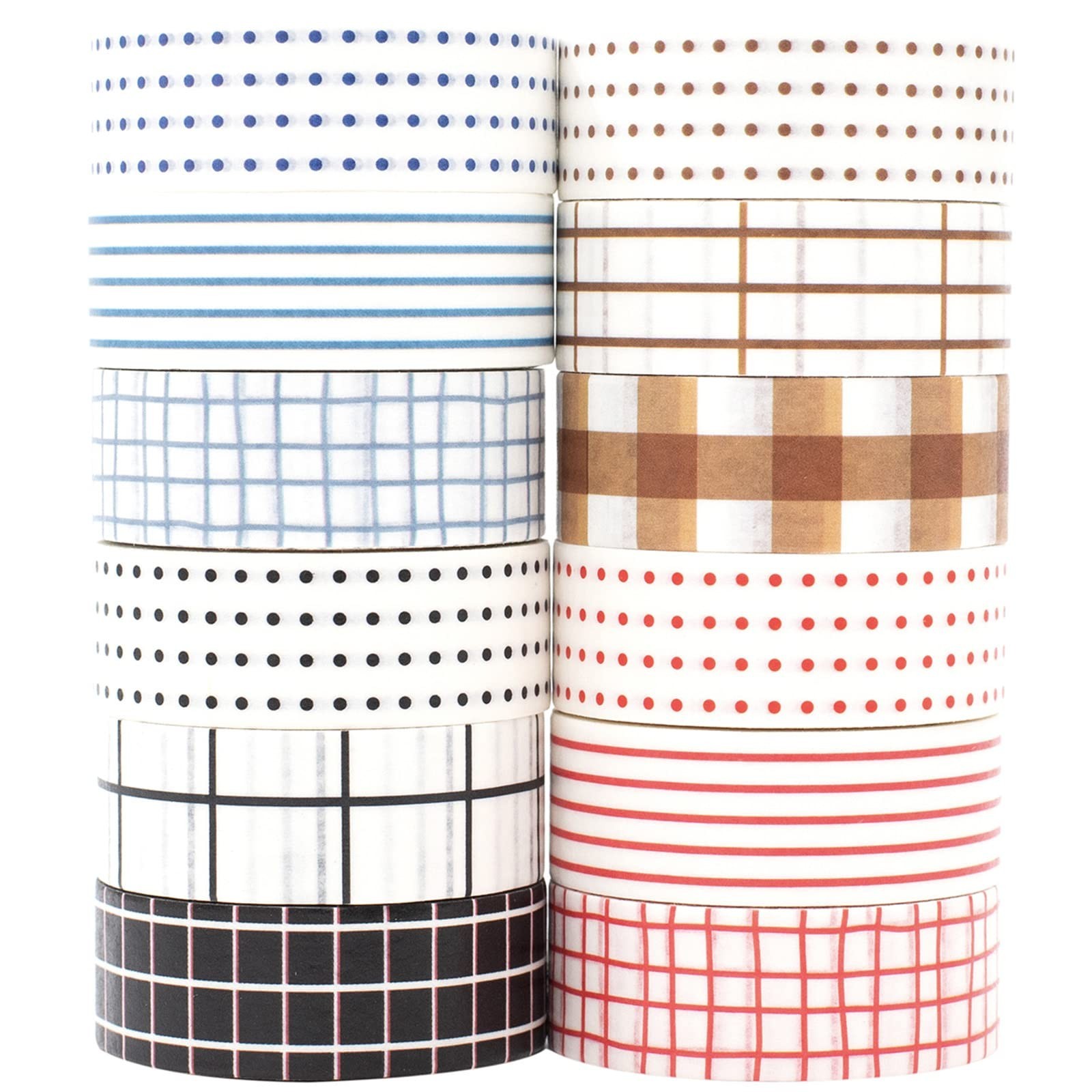 Basic Washi Tape Set 12 Rolls Dot & Grid Decorative Tapes for Journals, Plann...