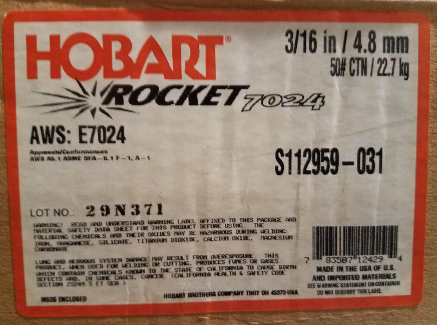 50 # Case Hobart Rocket 7024 AWS:E7024 3/16" S112959-031 Welding Sticks 50 LBS