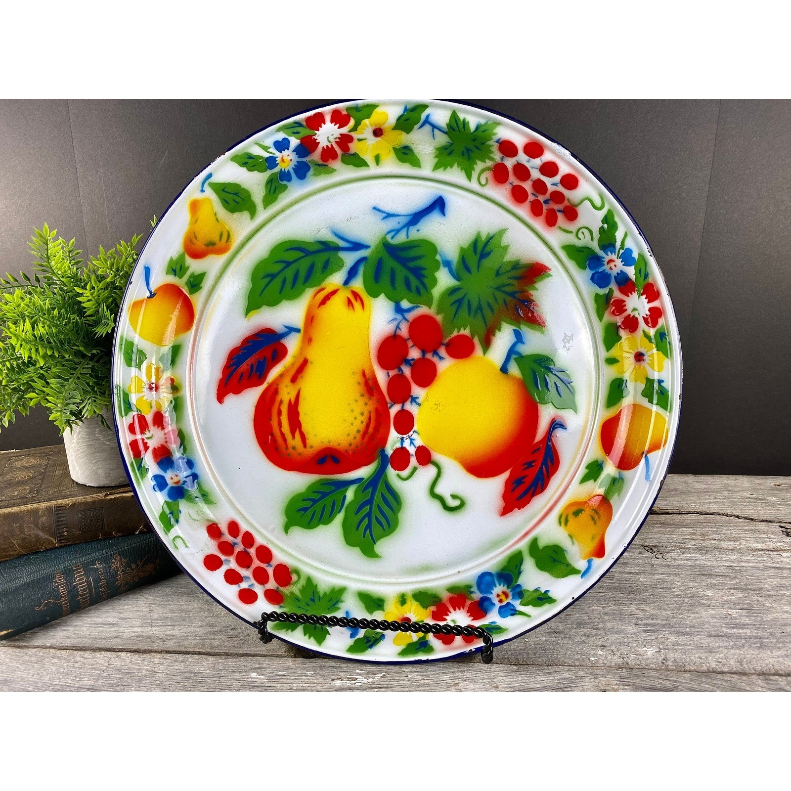 Rossini Enamelware Oversized Platter Fruit Graphics Round Tray Vibrant Colors