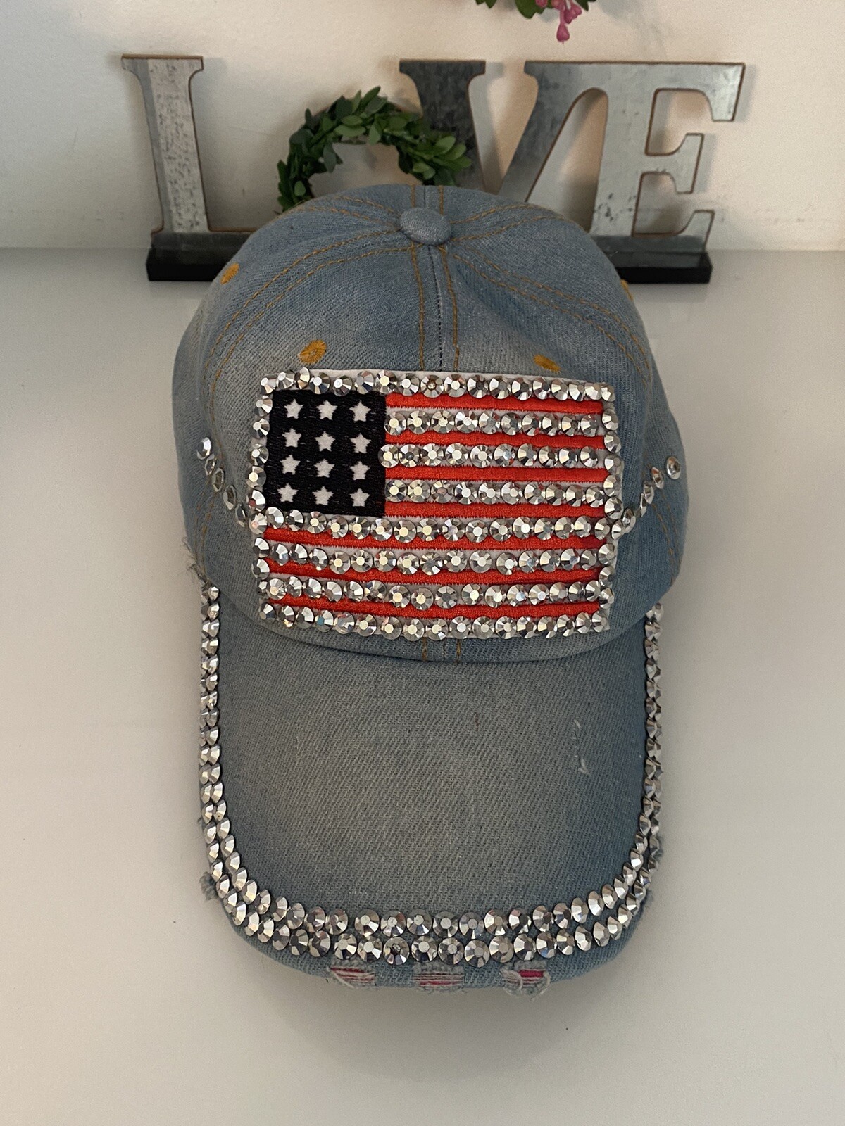 US Flag Jewel Studded Baseball Cap USA Bling Rhinestone Distressed Denim Hat OS
