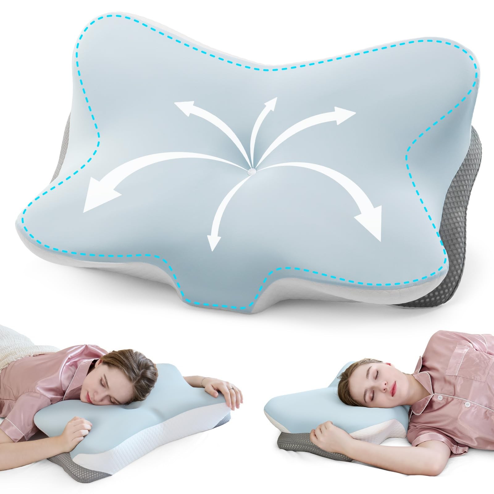 Cervical Pillow for Neck Pain Relief - 2 Height Adjustable Memory Foam Contou...