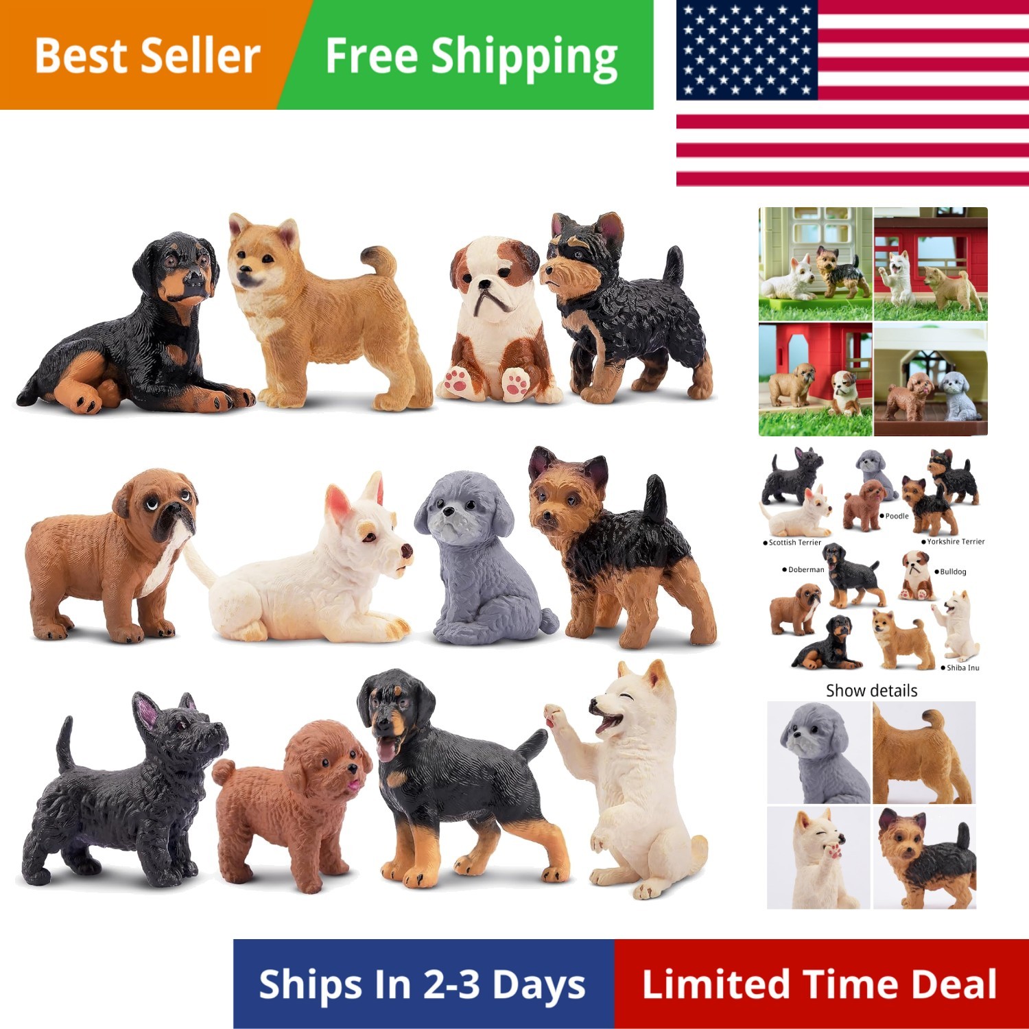 12PCS Dog Figurines, Realistic Plastic Puppy Figurines, Hand Painted Emulatio...