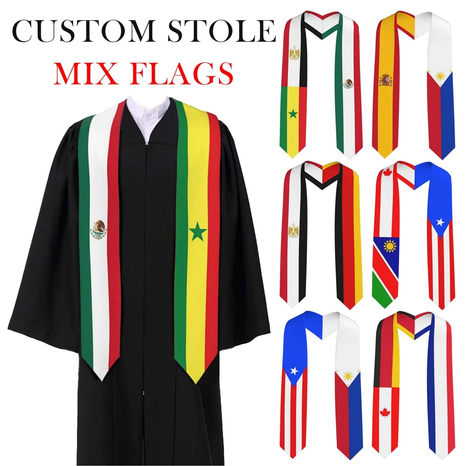 Custom Multi Country Flag Graduation Stole 2026 Personalized Grad Sash