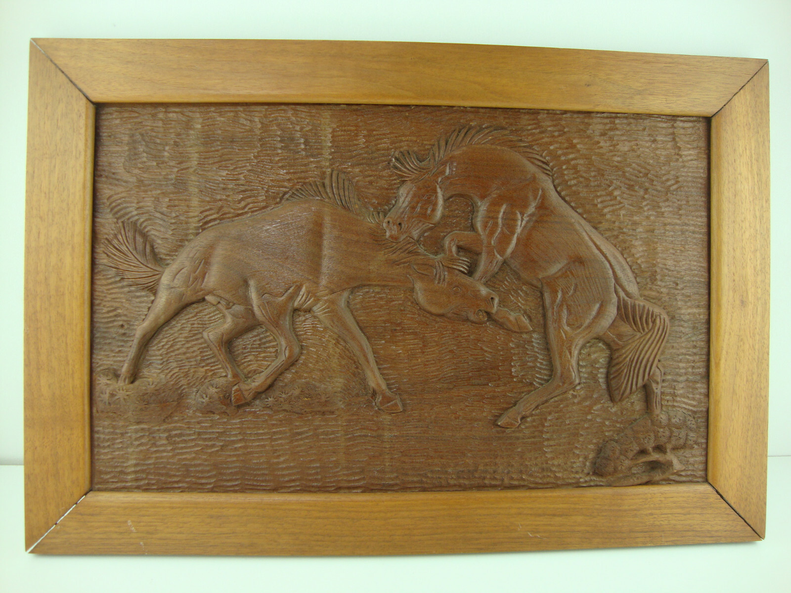 Wood Carving Horses Fighting Wall Panel Picture The Wood Looks To Be Walnut