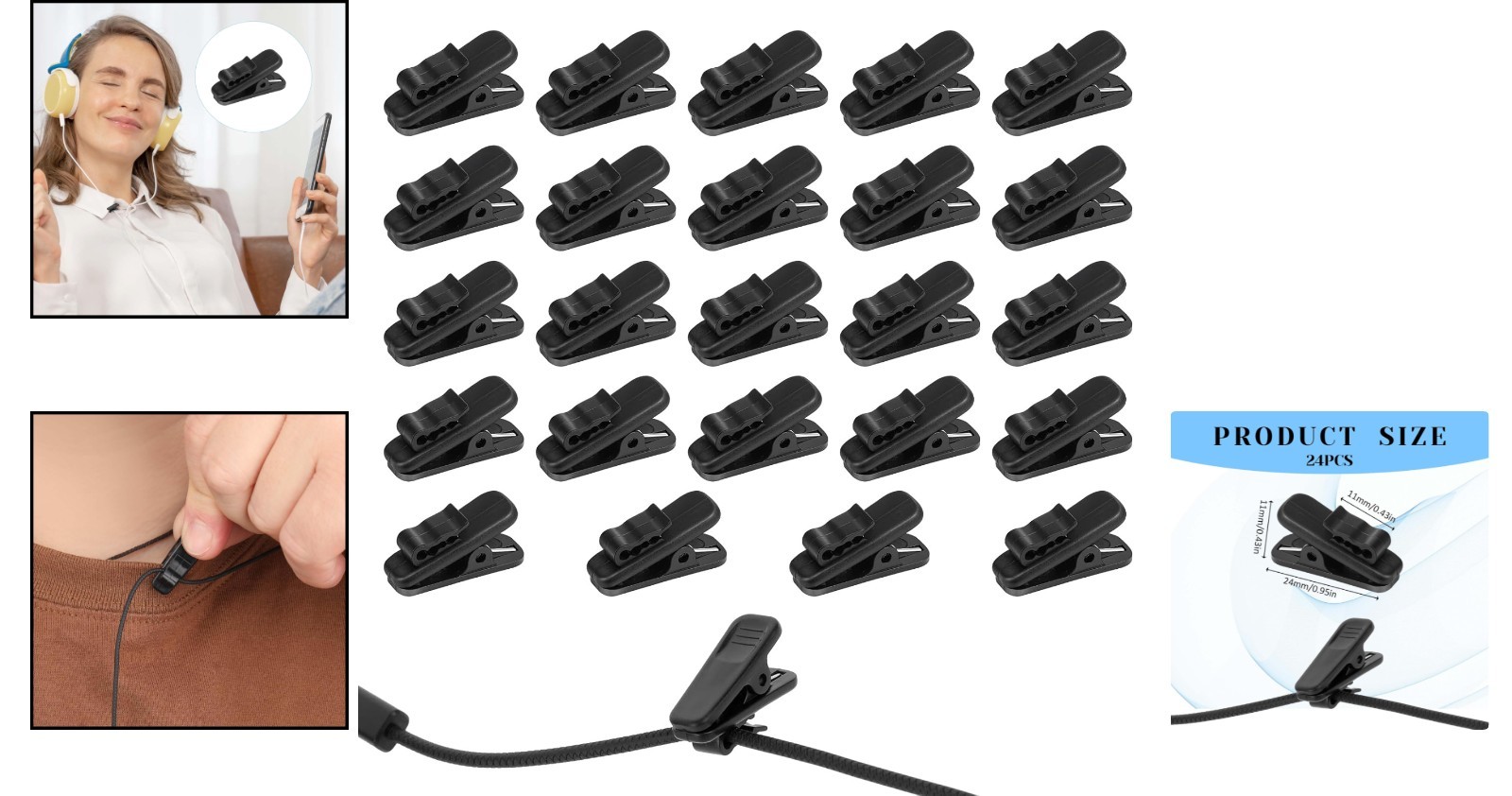 Lightweight Black Earphone Wire Clips - 24 pcs for Headphone Cable Control