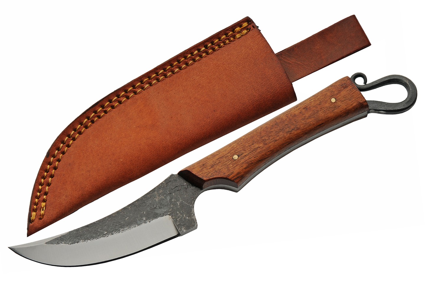 9.75" Fixed Blade Hunting Knife Curved Wood Handle Carbon Steel Leather Sheath