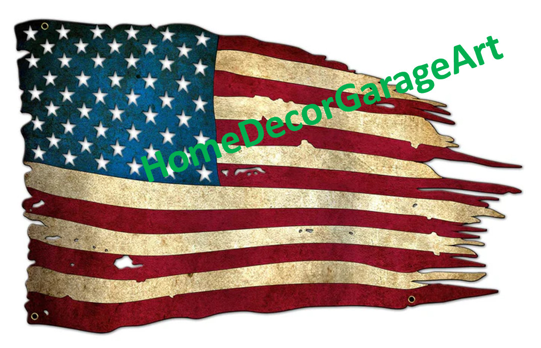 USA American Tattered Flag, Patriotic Metal Custom Cutout Shape Garage Art